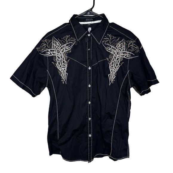 ROAR Men's Black Heavy Embroidered Short Sleeve Button Up Shirt Size L - Picture 1 of 5